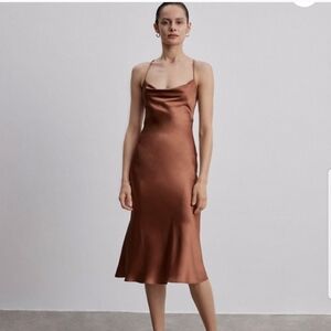 Silk Slip Midi Dress in Bronze/ Chestnut Brown